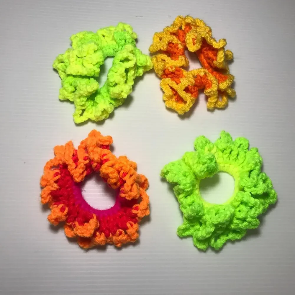 NWT Green Orange Neon Handmade Crocheted Hair Scrunchie by Dawny Set of 4